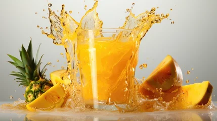 Foto op Canvas A glass of pineapple juice with a splash coming out of the glass on a white background © MBRAMO