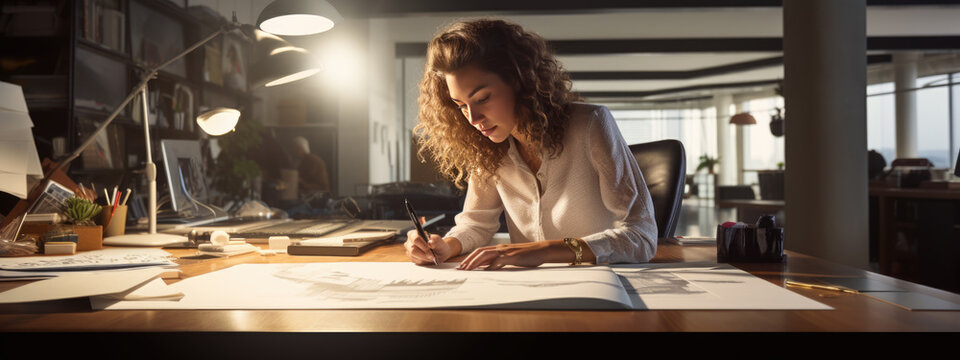 Construction concept of female engineer or architect working making blueprint in office. - Powered by Adobe