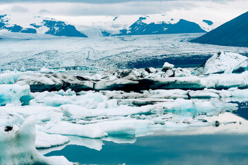 Glacial ice floating in the Jokulsarlon Glacial Lagoon, Iceland. Showing natural patterns in the ice formations