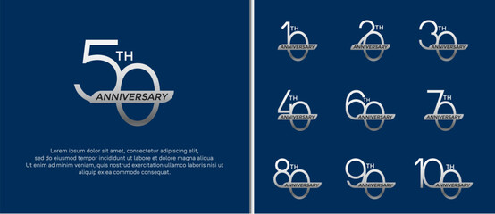 set of anniversary logo silver color and ribbon on blue background for celebration moment