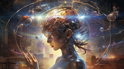 Mankind evolves to a higher level through science and technology, concept; AI Technology
