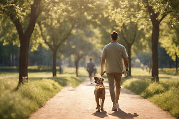 Back view of a man with a dog walking in a summer park. ai generative
