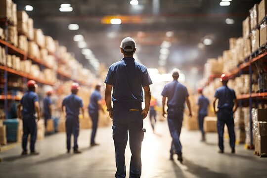 back view Blurred image of warehouse employees in action. ai generative