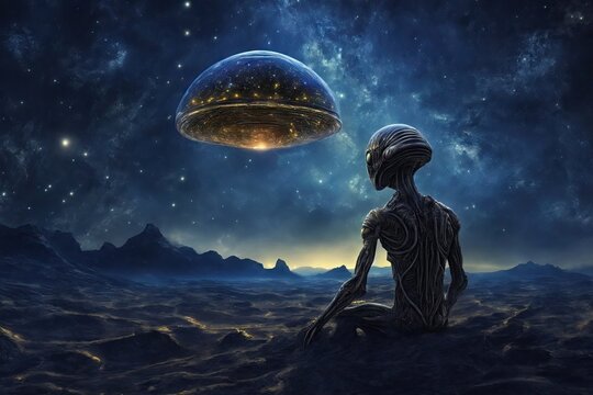 look camera alien life form looking at starry night sky. ai generative