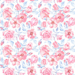 Fototapeta na wymiar Watercolor roses seamless pattern. Perfect for the farmhouse style - for fabric, home textile, wrapping paper, mugs, notepads, napkins
