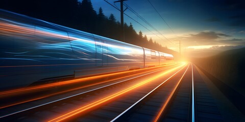train passing by with long exposure trails of light and dynamic movement, creating a sense of speed and motion - obrazy, fototapety, plakaty