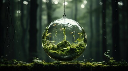 a glass ball hanging from a chain in a forest filled with moss.  generative ai