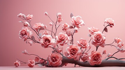  a bunch of pink flowers on a branch on a pink background.  generative ai