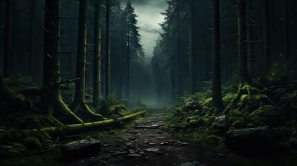  a path in a dark forest with mossy trees on both sides.  generative ai