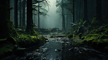  a stream running through a forest filled with green mossy trees.  generative ai