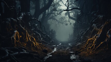  a dark forest filled with lots of trees and dirt path.  generative ai