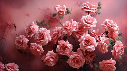  a bunch of pink flowers on a pink background with a red background.  generative ai