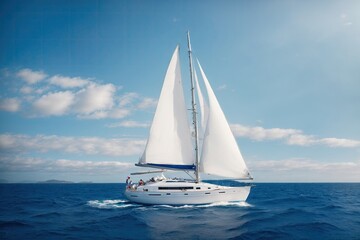 Beautiful snow white sailboat in blue ocean. ai generative - obrazy, fototapety, plakaty