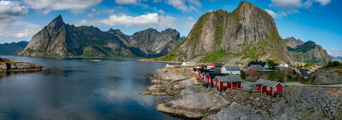 The idyllic and picture perfect fishing village of Hamnøy or Hamnøya, north Reine, Vestfjorden,...