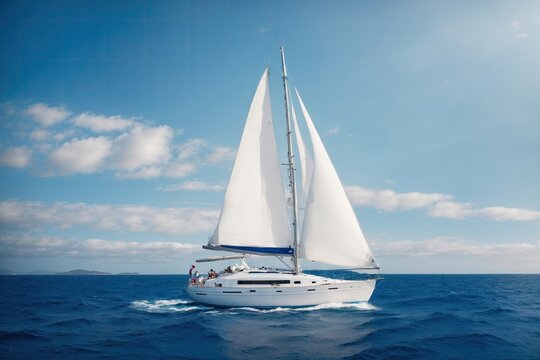 Beautiful snow white sailboat in blue ocean. ai generative