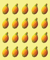 Square yellow background with exotic fruits. Pitahaya yellow. Repeating print. Nobody.
