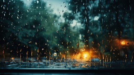  a rain covered window with a street light in the background.  generative ai