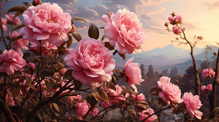  a painting of pink flowers with mountains in the background at sunset.  generative ai