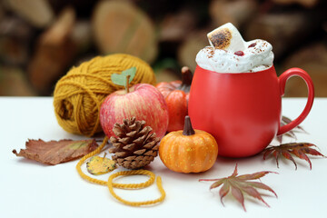 Hot chocolate with marshmallow in a red mug, autumn decorations and balls of woolen yarn. Cozy autumn day in a garden. 