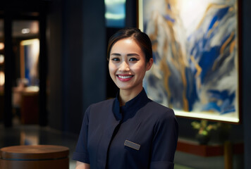 Young hotel receptionist woman at the hotel lobby