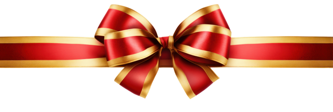 Red and golden gift ribbon with bow, Christmas, birthday, Valentine's Day, isolated or white background
