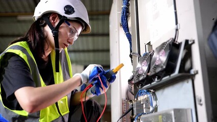 Young electrician engineer women working, measuring voltage and current of power electric, Wiring connection in electrical Main Distribution Board To check efficiency and maintain according to plan.