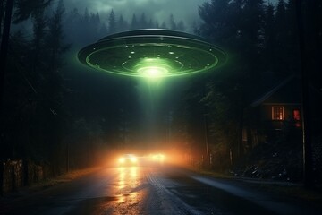 Glowing ufo over forest street, car escapes on wet road to avoid abduction - concept art - 3d rendering. Generative AI - obrazy, fototapety, plakaty
