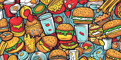 Obraz premium Fast food hand drawn cartoon doodles illustration. Fast food funny objects and elements poster design.,generative ai