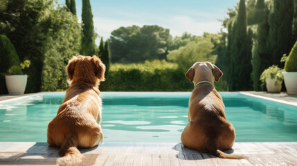 Two dogs sitting on the edge of the swimming pool