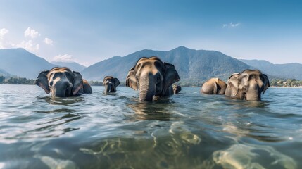 Fototapeta premium A herd of elephants are having fun bathing in the lake with a mountain view in the background