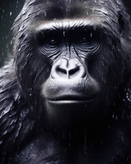Portrait of a gorilla during the rain