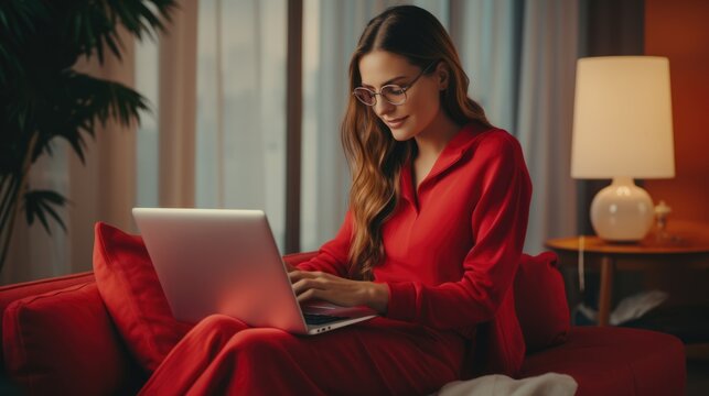 Stylish woman in red with a laptop. The girl works online or does shopping in an online store. AI