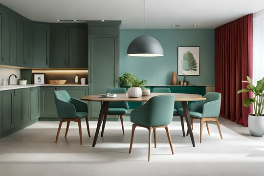 Dark green kitchen cabinets , four chairs dining table , bulb hanging on table- kitchen interior design- generated by AI