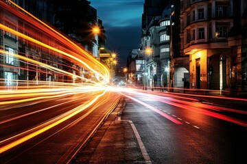 Fototapeta na wymiar a bustling road with visible car light trails. Generative AI