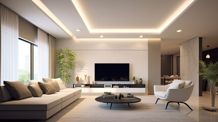 living room, Minimalist style interior design of modern living room with tv. Generative Ai