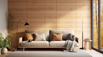 living room, Sofa with pillows and blanket against window in room with wooden paneling wall. Scandinavian style home interior design of modern living room. Generative Ai