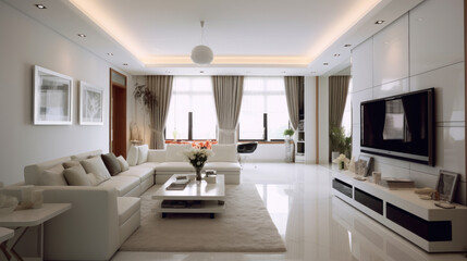 Luxury home interior design of modern living room. White sofa and tv unit in spacious room. Generative Ai
