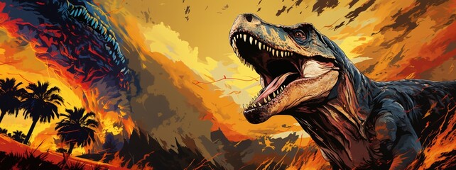 A predatory dinosaur with an open mouth. - obrazy, fototapety, plakaty