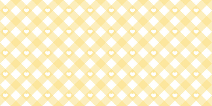 Gingham heart diagonal seamless pattern in yellow pastel color. Vichy plaid design for Easter holiday textile decorative. Vector checkered pattern for fabric - picnic blanket, tablecloth, dress