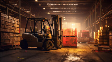 Fototapeta na wymiar photograph of A forklift lifting in industrial plant. telephoto lens realistic natural lighting ,generative ai