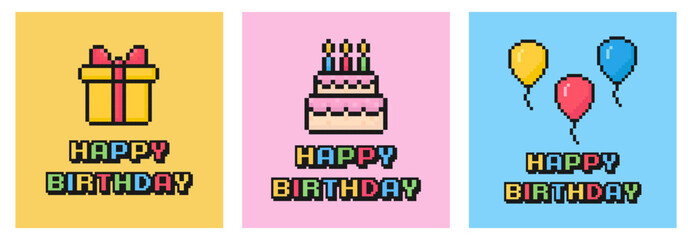happy birthday card set, pixel art postcard, 80s 90s old arcade game style, nostalgia, gift, cake, baloons, vector illustration
