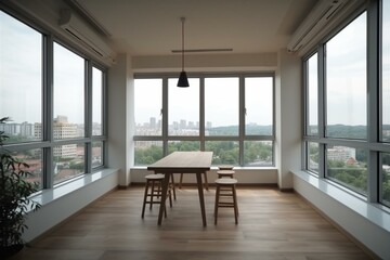 Minimalistic furnished coworking space with a window showcasing cityscape, natural illumination. Generative AI