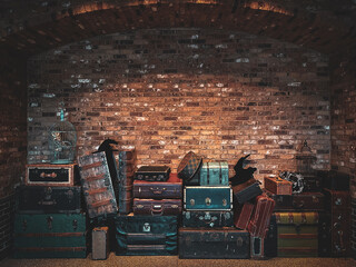 Vintage luggage, owl in cage, which hat, and brick background. Wizard theme. Room for text. Grungy texture.  - obrazy, fototapety, plakaty