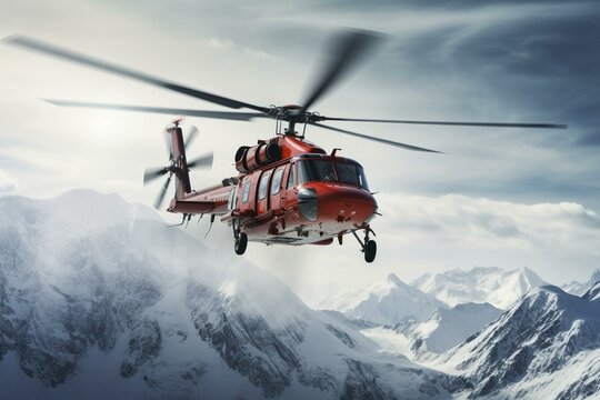 Helicopter takes off from snowy Alaskan mountain. Generative AI