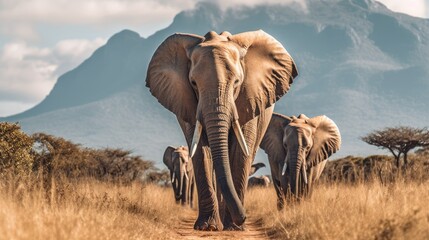 Fototapeta premium A herd of elephants walking, with a mountain view in the background