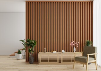 Living room with wooden walls and plants and chairs on the wooden floor.3d rendering