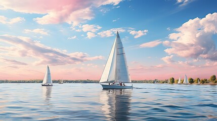  three sailboats are sailing on the water under a cloudy sky.  generative ai