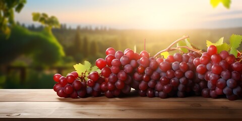 Fototapeta premium Wooden table with fresh red grapes and free space on nature blurred background, vineyard field