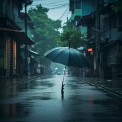 a solitary umbrella standing on an empty street with rain pouring down capturing the beauty of solitude during a monsoon