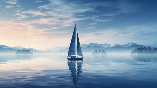  a sailboat floating on a lake with mountains in the background.  generative ai